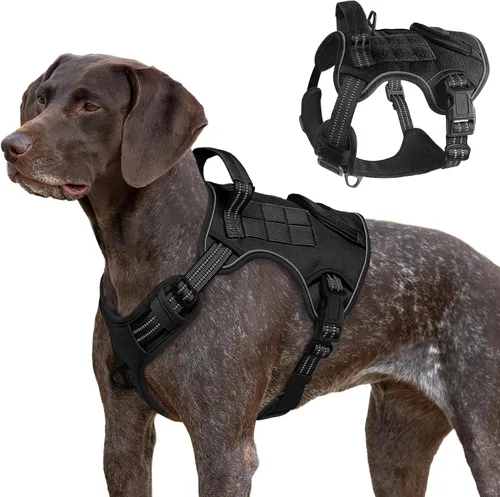 Vista 10 de Arnés táctico para perros grandes, chaleco de servicio militar resistente sin tirones con asa de control y 4 parches, arnés ajustable reflectante