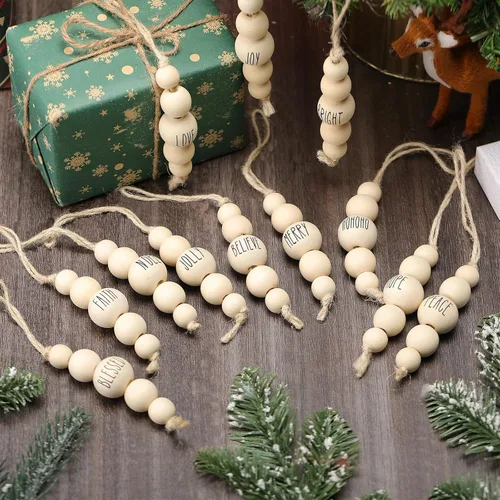 Vista 3 de 24 Piezas Adornos Navideños de Cuentas de Madera Estilo Granja para Árbol con Palabras de Bendición Decoraciones Rústicas Colgantes de Navidad