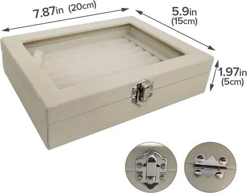 Vista 7 de Caja organizadora de anillos de terciopelo con tapa transparente para mujeres, niñas y adolescentes, joyero pequeño de cristal, color beige