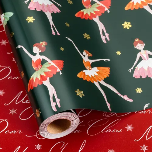 Vista 22 de Homeral Rollo de papel de regalo de Navidad de dinosaurio para niños, dinosaurio negro fresco con decoraciones y letras rojas, envoltura de regalo