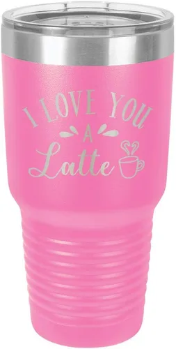 Vista 13 de Taza de viaje de acero con recubrimiento de polvo grabado con láser, con texto en inglés "I Love You A LATTE Engraved Tumbler", sin BPA
