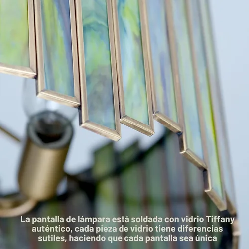 Vista 5 de Lámpara de techo de latón antiguo en forma de tambor, lámpara Tiffany semiempotrada de 12.5 pulgadas con vidrio verde Mable, iluminación colgante