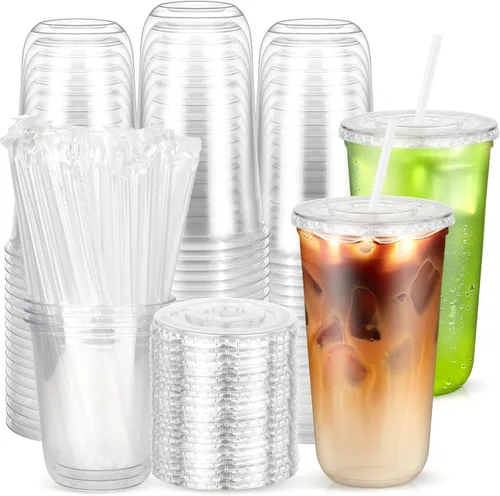 Vista 12 de Paquete de 25 vasos desechables de plástico transparente con tapas y pajitas, tazas de café helado de fondo redondo de 12 onzas, tazas de bebidas