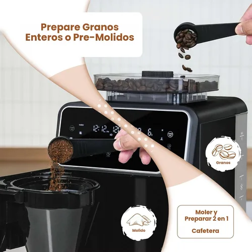 Vista 2 de Gevi Cafetera de goteo de 10 tazas con molinillo integrado, máquina de café combinada de moler y preparar rebabas con pantalla táctil, programable