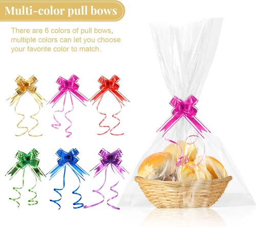 Vista 5 de Yulejo 8 cestas vacías para regalos, cesta tejida de 9 x 7 x 3 pulgadas con 12 lazos coloridos y 12 bolsas de regalo, alimentos, frutas, verduras
