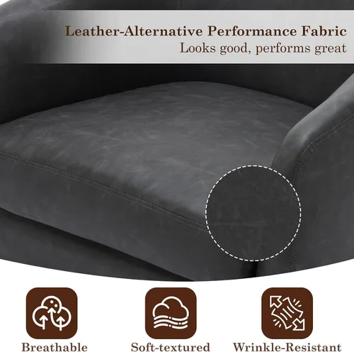 Vista 6 de Silla Giratoria de Acento de Cuero Sintético con Base de Madera, Sillas de Barril Tapizadas Modernas para Sala de Estar, Cómodo Sillón Redondo Sofá