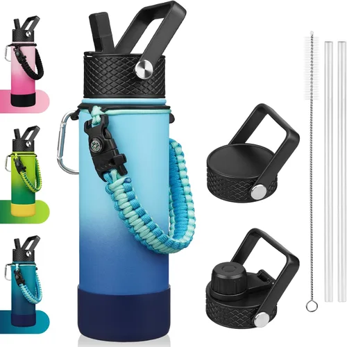 Vista 19 de BJPKPK - Botella de agua con tapa de popote, botellas de agua aisladas de 18 onzas con 3 tapas, asa de cuerda de paracaídas y base antideslizante
