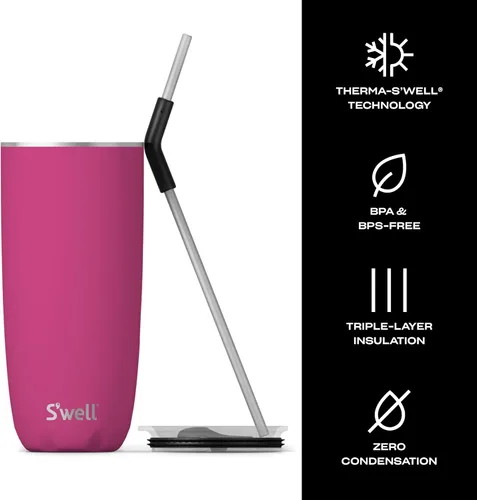 Vista 3 de S'well Vaso de acero inoxidable con popote y tapa deslizante, 24 onzas, rosa azalea, recipientes aislados al vacío de triple capa que mantiene