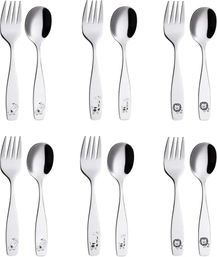 Vista 19 de ANNOVA Cubertería para niños con acabado mate, de alta calidad, de acero inoxidable, tenedores, cucharadas, utensilios para niños, oxidados
