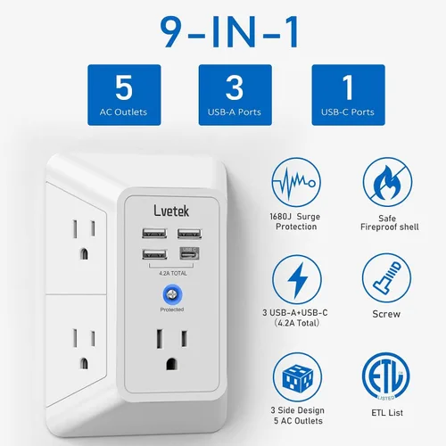 Vista 25 de Extensor de tomacorriente, protector de sobretensiones con 5 enchufes múltiples y 4 puertos USB (2 USB C), cargador de pared de regleta