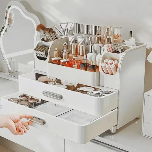 Vista 5 de Organizador de maquillaje con cajones para tocador, organizador de encimera de baño con soporte para brochas, organizador de almacenamiento