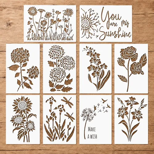 Vista 11 de Plantilla bohemia de girasol de 12 x 12 pulgadas para pintar sobre madera, lienzo, papel, tela y muebles, plantillas florales reutilizables