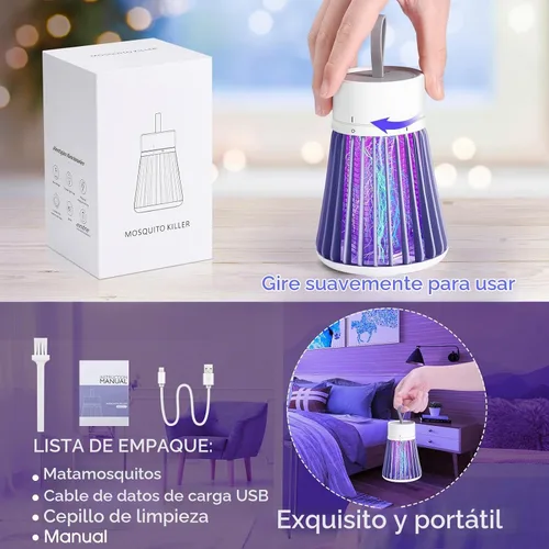 Vista 4 de Exterminador de mosquitos, recargable con rejilla de seguridad para el hogar y campamento, diseño inalámbrico de carga USB, mata insectos con luz