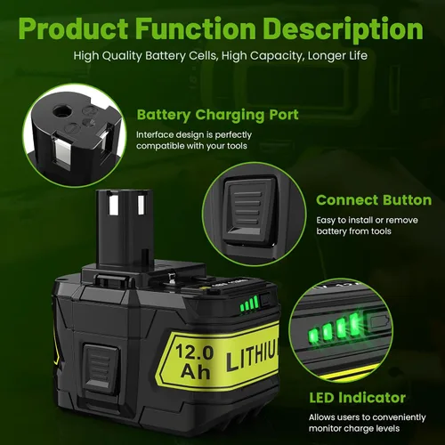 Vista 4 de ARyee Paquete de 2 baterías de repuesto de 12.0Ah 18V P108 P109 para Ryobi 18V batería P102 P103 P104 P105 P107 P106 compatible con Ryobi ONE+18Volt
