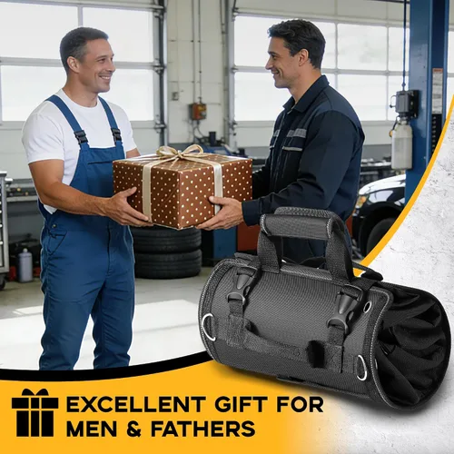 Vista 7 de Reniteco Bolsa de Herramientas Enrollable de Servicio Pesado con 2 Bolsas Desmontables con Cremallera, Almacenamiento de Herramientas Compacto