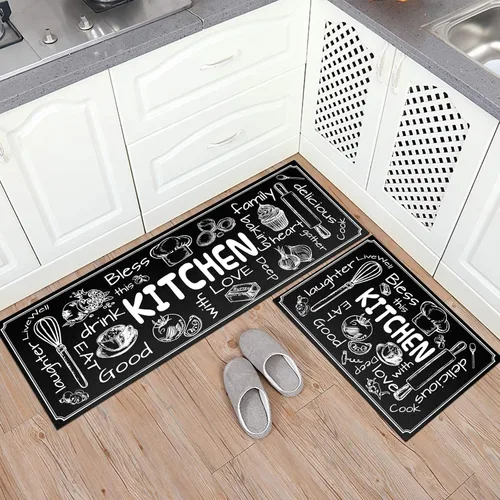 Vista 2 de Juego de 2 tapetes de cocina antideslizantes y gruesos para el suelo, tapetes cómodos para cocina, fregadero, negro, 17 x 47 pulgadas + 17 x 28