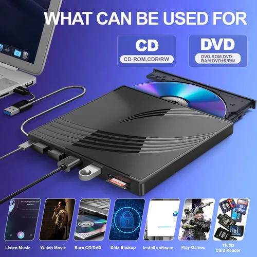 Vista 3 de BPAKDU Unidad externa de CD/DVD para laptop, grabadora de CD ultra delgada, concentrador USB 3.0 con 4 puertos USB, 2 ranuras para tarjetas TF/SD, 1