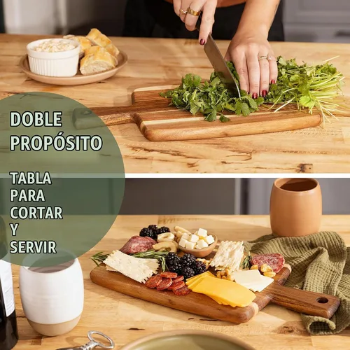 Vista 2 de Tabla de cortar de madera de acacia y tabla de cortar con mango para carne, tabla de queso, verduras, pan y embutidos – Tabla decorativa de madera
