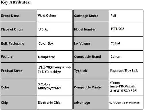 Vista 4 de Vivid Colors Cartucho de tinta compatible de repuesto para Canon PFI-703 PFI-703Y 2966B003AA (amarillo) para uso Canon iPF810, iPF815, iPF820