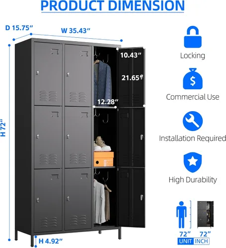 Vista 3 de SUPEER Taquillas metálicas de 9 puertas para empleados con 18 ganchos, taquillas de metal con tarjetero para escuela, garaje, oficina, gimnasio