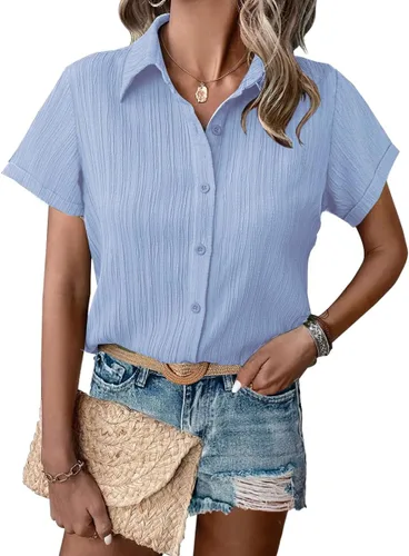 Vista 11 de HOTOUCH Camisa de vestir de manga corta con botones para mujer, cuello en V, con botones, para verano, con textura, para el trabajo
