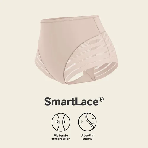 Vista 4 de Leonisa Faja Invisible de Cintura Alta con Control de Abdomen para Mujeres - Ropa Interior de Encaje a Rayas para Damas Panties Beige