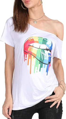Vista 45 de MAGICMK - Camiseta casual para mujer, con estampado de labios y hombro descubierto, talla extragrande
