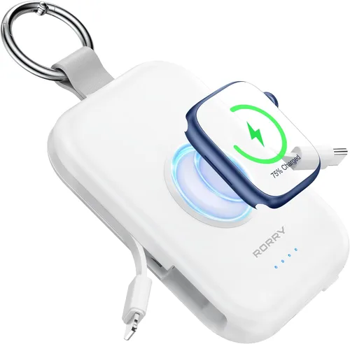 Vista 19 de RORRY Cargador portátil, batería externa portátil de 5000 mAh con cables integrados, paquete de batería en llavero de viaje para Apple Watch Negro