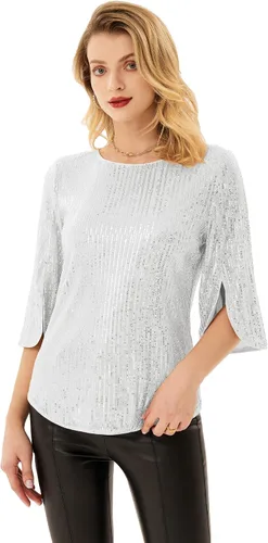 Vista 5 de Blusa de fiesta con lentejuelas brillantes para mujer, con purpurina brillante y manga 34 con abertura