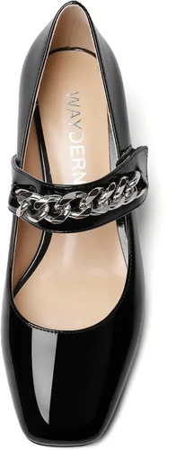 Vista 3 de WAYDERNS Zapatos de tacón bajo Mary Jane con cordones y cadena de metal con punta cuadrada para mujer, zapatos de tacón bajo, 2 pulgadas