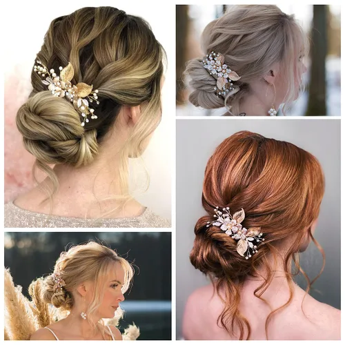 Vista 3 de SWEETV Peine de pelo de boda dorado hecho a mano, clip de pelo nupcial para boda, accesorios para el cabello