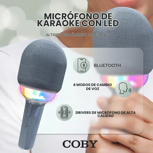 Vista 2 de Micrófono de karaoke, micrófono inalámbrico Bluetooth y altavoz con LED y Gris