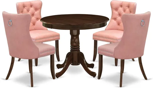 Vista 20 de East West Furniture ANDA5-AWA-12 - Juego de mesa de cocina de 5 piezas, incluye una mesa de comedor redonda con pedestal y 4 sillas Parson tapizadas