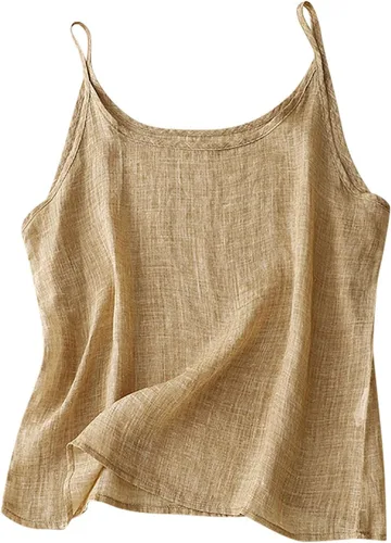 Vista 2 de Camisola de verano para mujer, de algodón, lino, espagueti, sin mangas, casual, ajuste holgado, capa base, camisetas sin mangas para playa