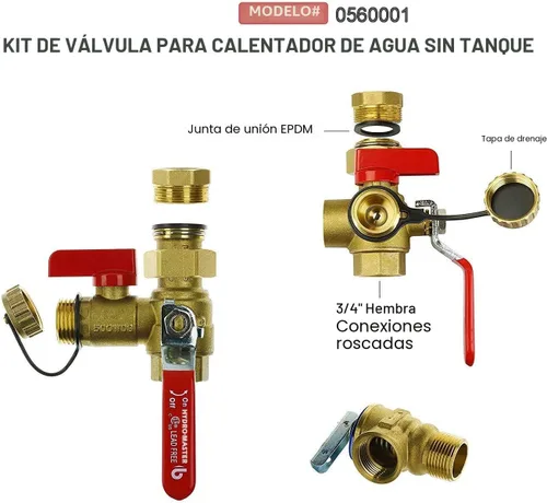 Vista 5 de Kit de válvula de servicio para calentador de agua sin tanque HYDRO MASTER con válvula de alivio de presión aislador de 3/4 pulgadas IPS de latón