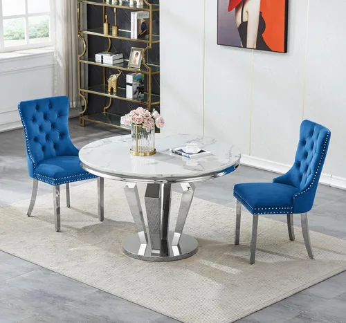 Vista 29 de Juego de mesa de comedor de mármol sintético de oro blanco de 47 pulgadas para 2, juego de mesa de comedor de cocina de 3 piezas, juego de mesa
