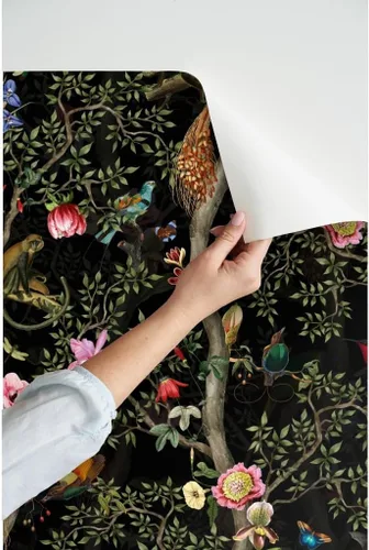Vista 3 de Papel tapiz para despegar y pegar, diseño de jardín tropical, negro, chino, antiguo, chinoiserie, papel pintado extraíble personalizado Spoonflower