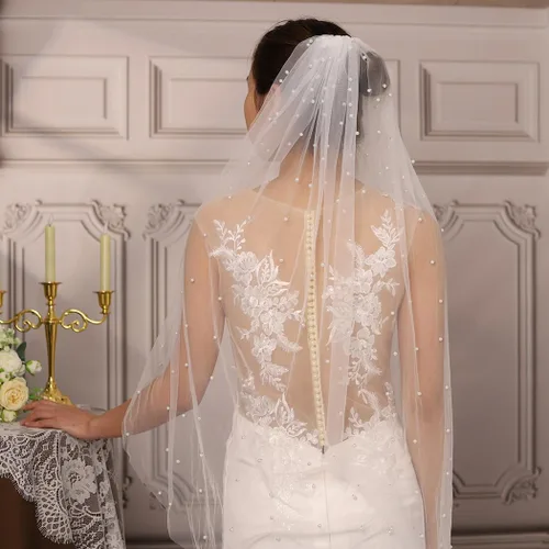 Vista 4 de Velos de novia con perlas y flores, catedral, velo de novia, 118 pulgadas, velos para novias, 1 nivel, longitud de los dedos, peine para el cabello