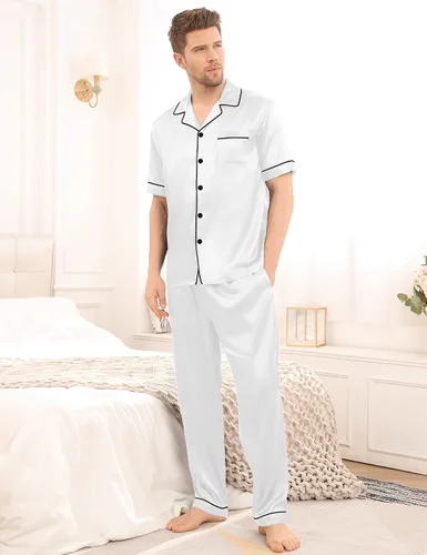 Vista 3 de SWOMOG Mens Satin Pajama Set Short Sleeve Classic Sleepwear Button Down Silky Loungewear with Long Pants
