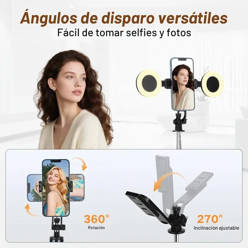 Vista 2 de Trípode de teléfono de 70 pulgadas y palo selfie con luz, soporte de trípode de metal con control remoto inalámbrico, trípode portátil para selfie