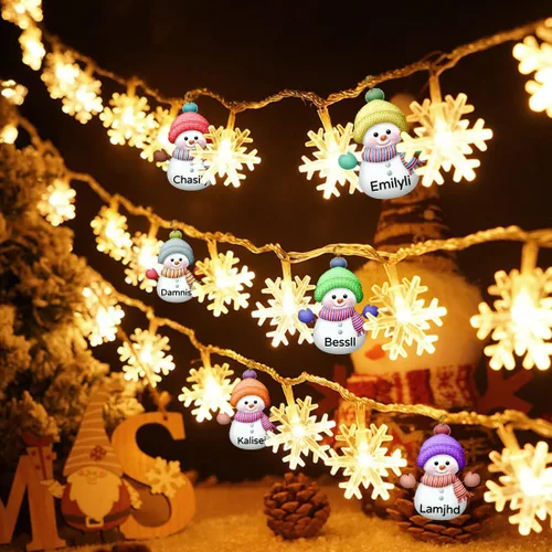 Vista 7 de Cadena de luces de muñeco de nieve personalizadas con nombre personalizado, muñeco de nieve LED, funciona con pilas, luces de hadas de Navidad