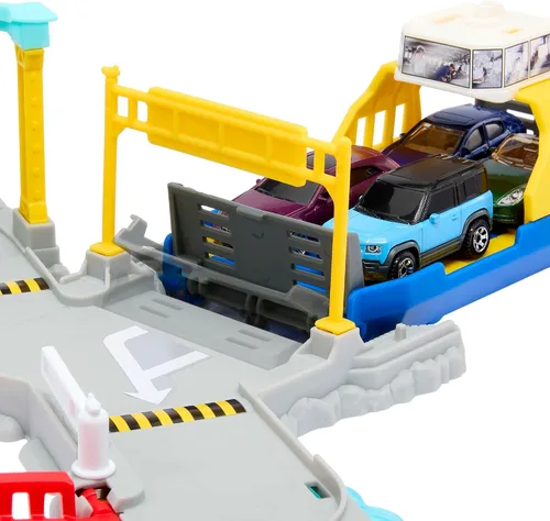 Vista 4 de Matchbox HMH29 Juego de puerto de ferry con ferry desmontable con ruedas, elementos para activar manualmente o con la ayuda del coche Land Rover