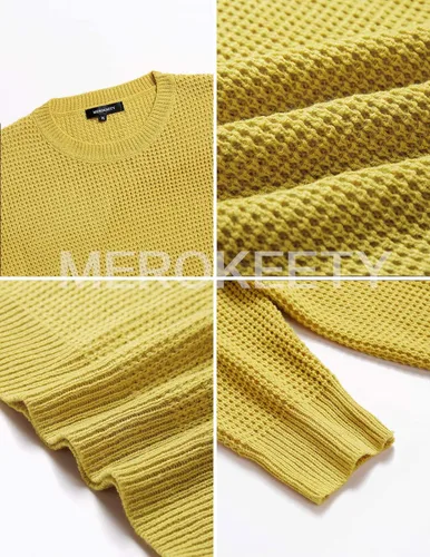 Vista 6 de MEROKEETY suéter de punto de manga larga para mujer, cuello redondo, color sólido