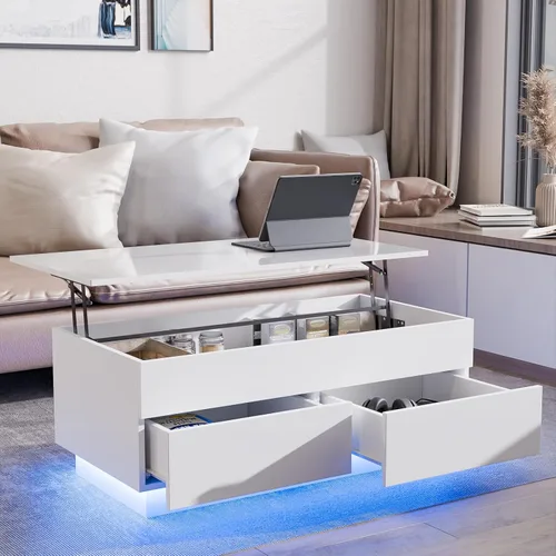 Vista 14 de HOMMPA - Mesa de café con tapa elevable de 40" con almacenamiento, mesa de centro LED moderna de alto brillo para sala de estar, mesa de té moderna