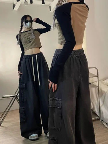 Vista 4 de Pantalones de mezclilla holgados Grunge Y2K Emo Alt Cargo Pant Fairycore Demin Aesthetic Jogger Pantalones de chándal Hiphop Cordón Streetwear