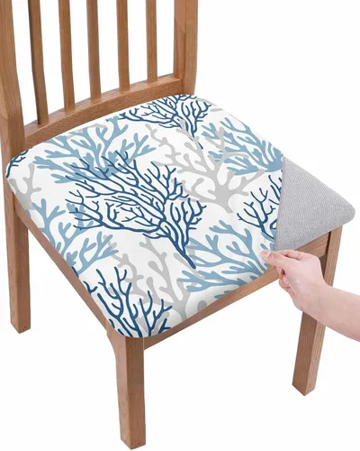 Vista 13 de Juego de 4 fundas elásticas para sillas de comedor, diseño de calabazas azules, naranjas y grises, fundas elásticas para sillas de cocina de Acción