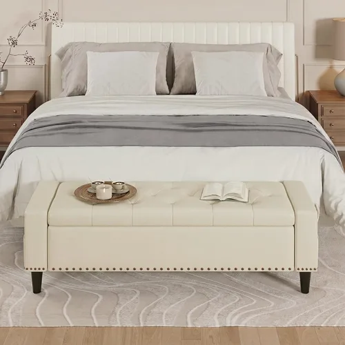 Vista 4 de Banco otomano de almacenamiento de 60 pulgadas, banco de cama tapizado de Blanco crema