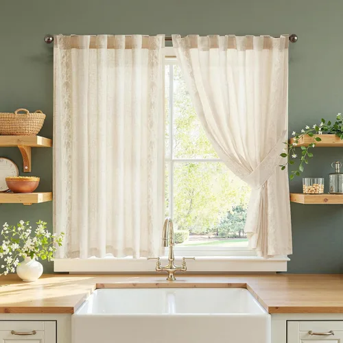 Vista 25 de jinchan Cortinas de lino floral beige para cocina, 24 pulgadas, 2 paneles A Beige