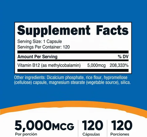 Vista 2 de Nutricost Vitamina B12 (Metilcobalamina) 5000mcg, 120 Cápsulas, Sin Gluten Gorras vegetarianas, suplemento B12 sin OMG