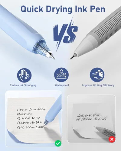 Vista 7 de FOUR CANDIES - Paquete de 14 bolígrafos pasteles bonitos, estéticos y retráctiles con tinta de gel negra, punta fina de 0.5 mm, incluye 2 Azul